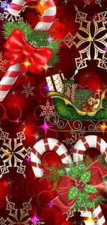 Festive wallpaper with candy canes and gold snowflakes.