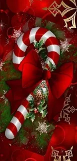 Festive candy cane mobile wallpaper with Christmas decorations.