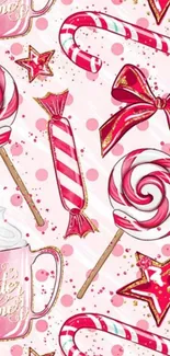 Festive pink candy-themed wallpaper with sweets and stars.