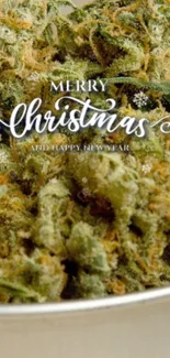 Merry Christmas cannabis themed wallpaper with festive green hues.