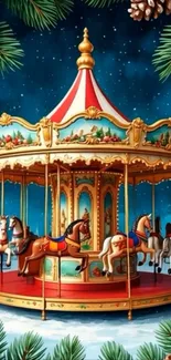 Festive carousel surrounded by snowy pine trees.