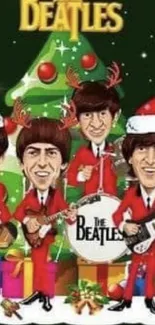 Festive cartoon band with Christmas theme in holiday attire.