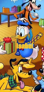 Cartoon characters celebrating with gifts.