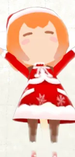 Cartoon character in red festive outfit with snowflakes, arms outstretched.