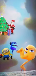 Festive cartoon characters with Christmas tree in background.