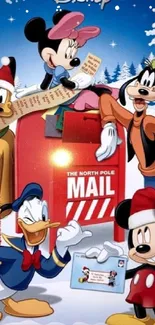 Cartoon characters mailing Christmas letters at the North Pole.