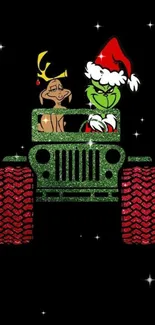 Cartoon characters in a jeep with Christmas lights border.