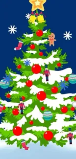 Cartoon Christmas tree with festive ornaments in green and red.