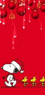 Cartoon dog in Santa hat with red Christmas decor.