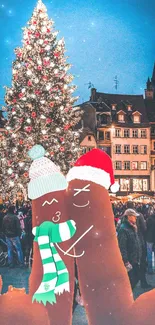 Cartoon fingers with hats in front of a Christmas tree in a festive town square.