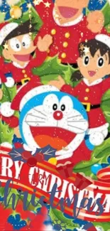 Festive cartoon characters in Christmas attire with a joyful holiday theme.