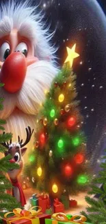 Cartoon Santa and reindeer with Christmas tree.