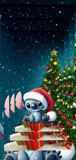 Animated Christmas wallpaper with gifts and a tree.