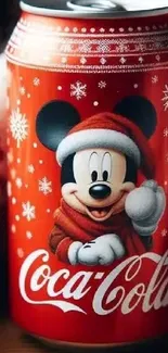 Coca-Cola can with festive Mickey Mouse design.