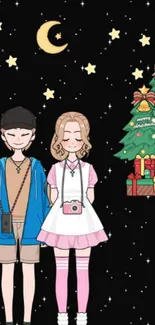 Festive cartoon couple with stars and gifts on a night sky.