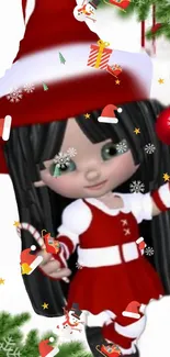 Festive cartoon character in red attire with holiday decorations.