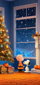 Cartoon scene by the fireplace with Christmas tree on a winter night.