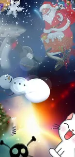 Festive wallpaper with Santa, snowman, cat, and Christmas elements.