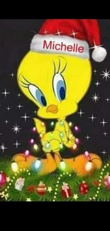 Festive yellow cartoon character with Christmas ornaments.