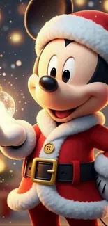 Festive cartoon character dressed as Santa holding a glowing ornament.