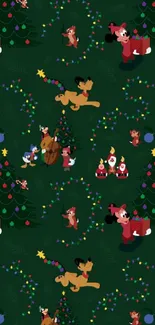 Festive cartoon wallpaper with Christmas tree and beloved characters.