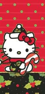 Festive cartoon kitten with candy cane on red polka dot background.