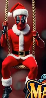 Cartoon character in Santa outfit on swing, vibrant and festive.