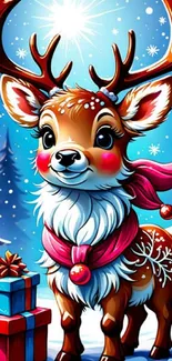 Festive cartoon reindeer with gifts in a snowy Christmas scene.