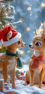 Two festive cartoon deer in a snowy scene.