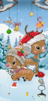 Cartoon reindeer in Santa hats with snowy background.