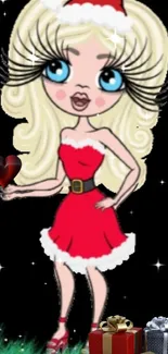 Festive cartoon Santa girl in red holding a heart with gifts and stars.