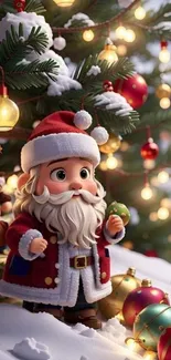 Cartoon Santa Claus with Christmas tree and lights.