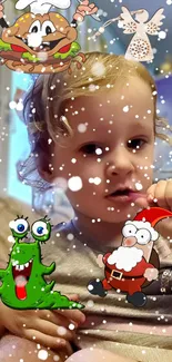 Child with fun cartoon characters and snowflakes wallpaper.