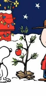 Festive cartoon winter scene with holiday decor.