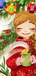 Festive cartoon girl with Christmas decor on mobile wallpaper.