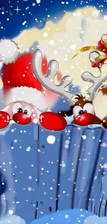 Festive cartoon wallpaper with Santa and reindeer in snow.