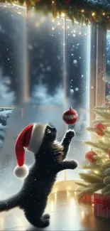 Cute black cat in Santa hat near Christmas tree.