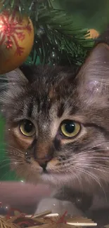 Festive cat under a Christmas tree with ornaments and a gift bag.