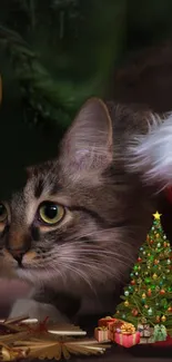 Adorable cat peeking from Christmas decorations with gifts and tree.