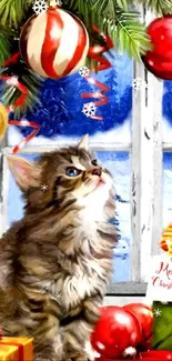 Adorable kitten with Christmas gifts and decorations on a snowy day.