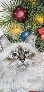 Charming cat under a Christmas tree with colorful ornaments.