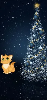 Christmas cat beside decorated tree in winter night.