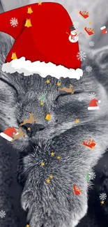 Sleeping cat in a Santa hat with festive Christmas decorations.