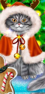 Christmas cat in festive outfit with gingerbread man.