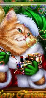 Cute cat in Santa outfit with Christmas tree background.