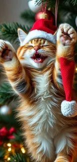 Cute cat with Santa hat in Christmas setting.