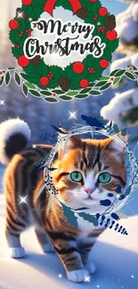 Festive Christmas wallpaper with kitten and holiday wreath in snowy setting.