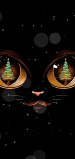 Mobile wallpaper featuring cat eyes with Christmas tree reflections.