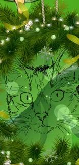 Festive cat illustration with Christmas greenery and lights on a green background.