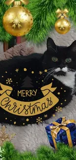 Festive black and white cat among Christmas decor with pine branches and gifts.